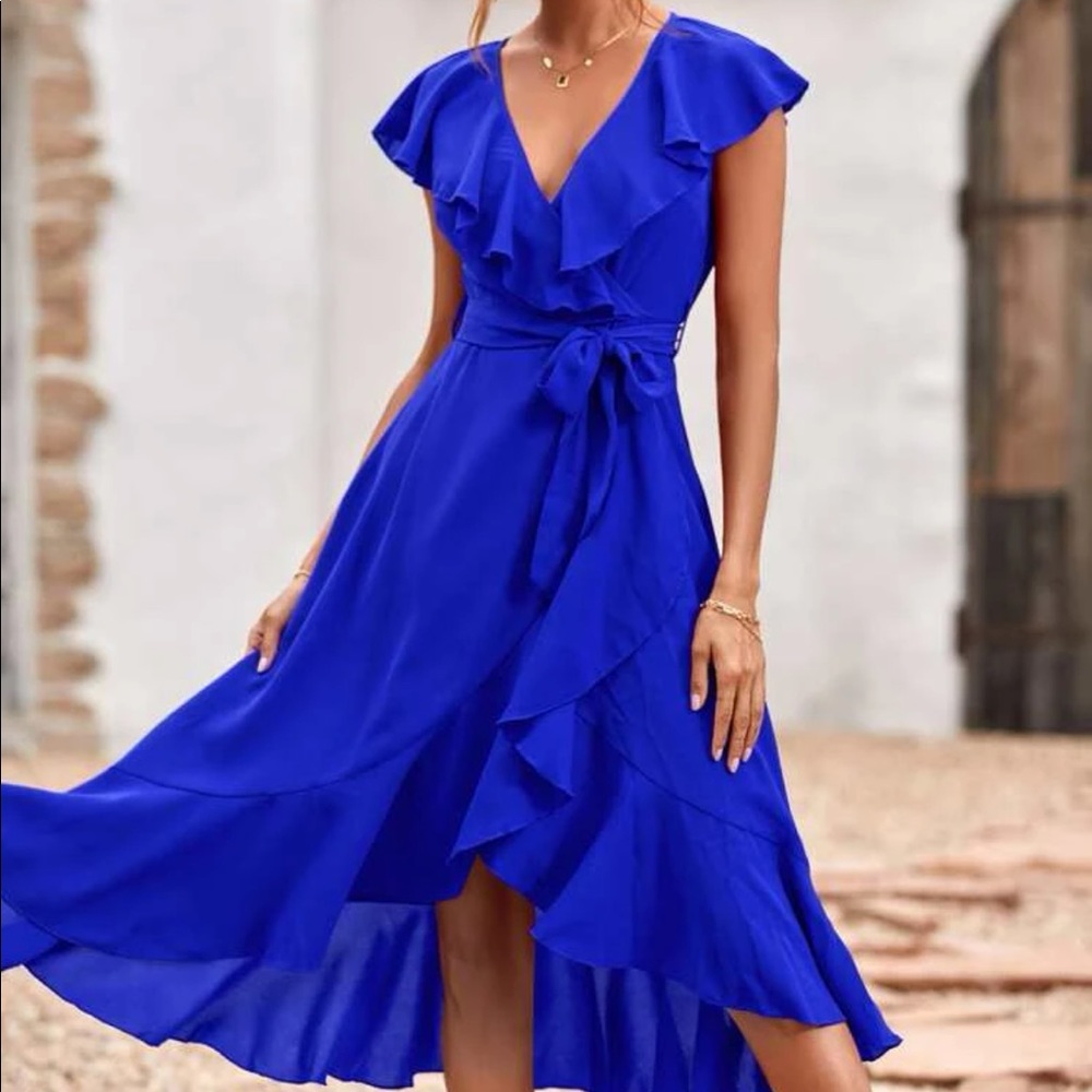 Boho burgundy butterfly sleeve blue ruffle hem belted wrap dress - Picture 8 of 16